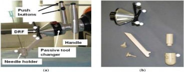 (a) robot handle together with the needle holder. A DRF is attached to the tool in order to be tracked by the navigation system; (b) the tool was designed autoclavable. The beige color parts are made of PEEK to ensure artifact-free imaging.