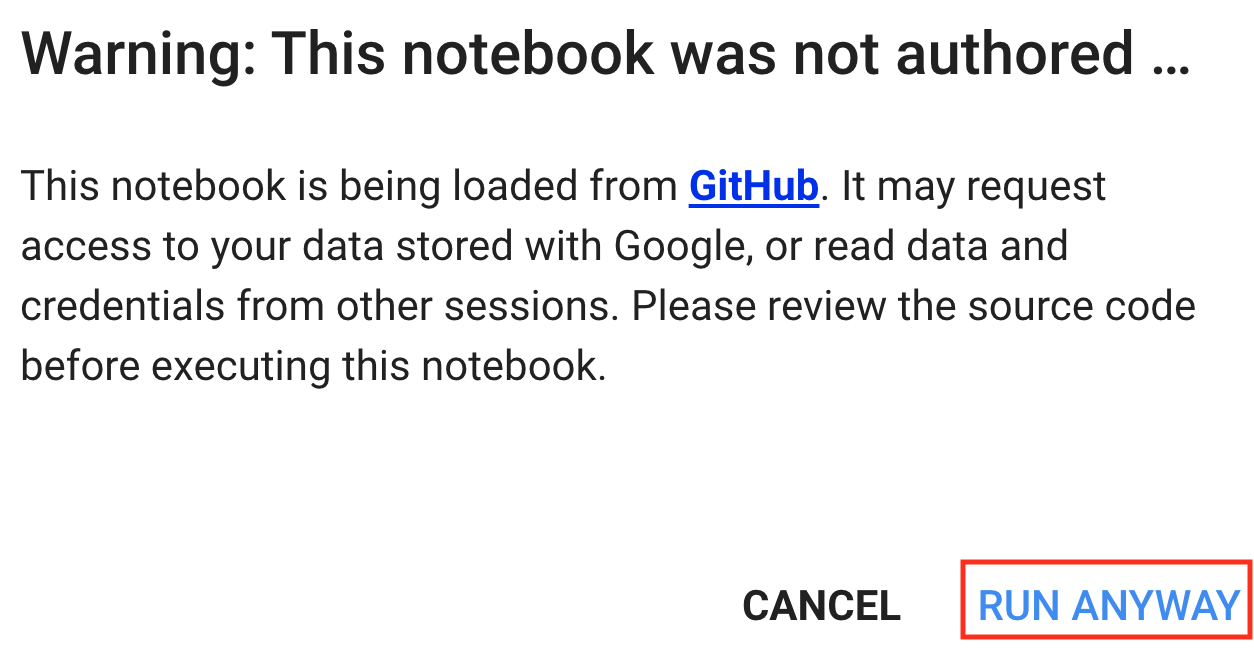 Ignore the warning message by clicking "RUN ANYWAY".