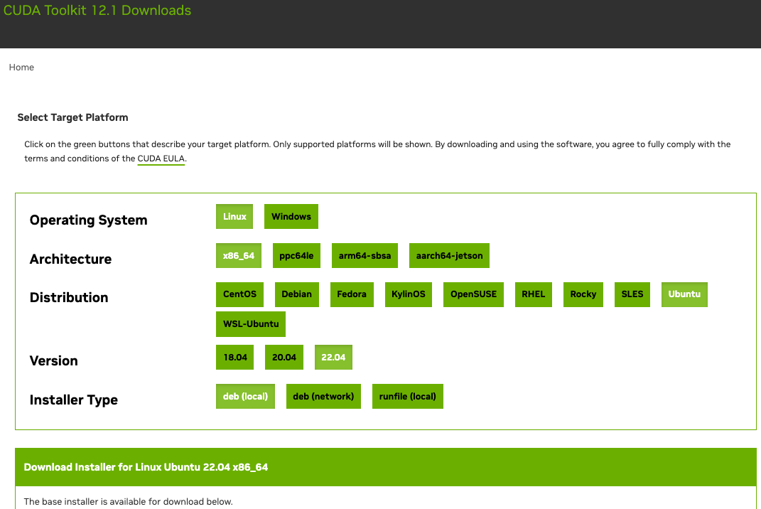 Find the CUDA 12.1 download address.