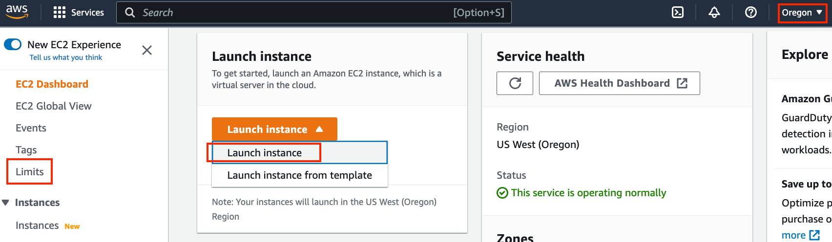 The EC2 panel.